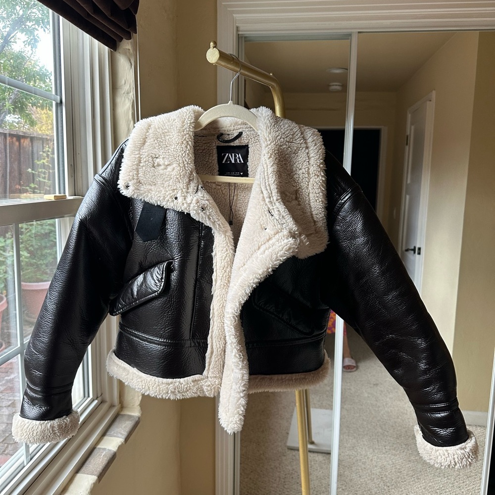 Zara Black Leather Jacket with Cream Shearling
